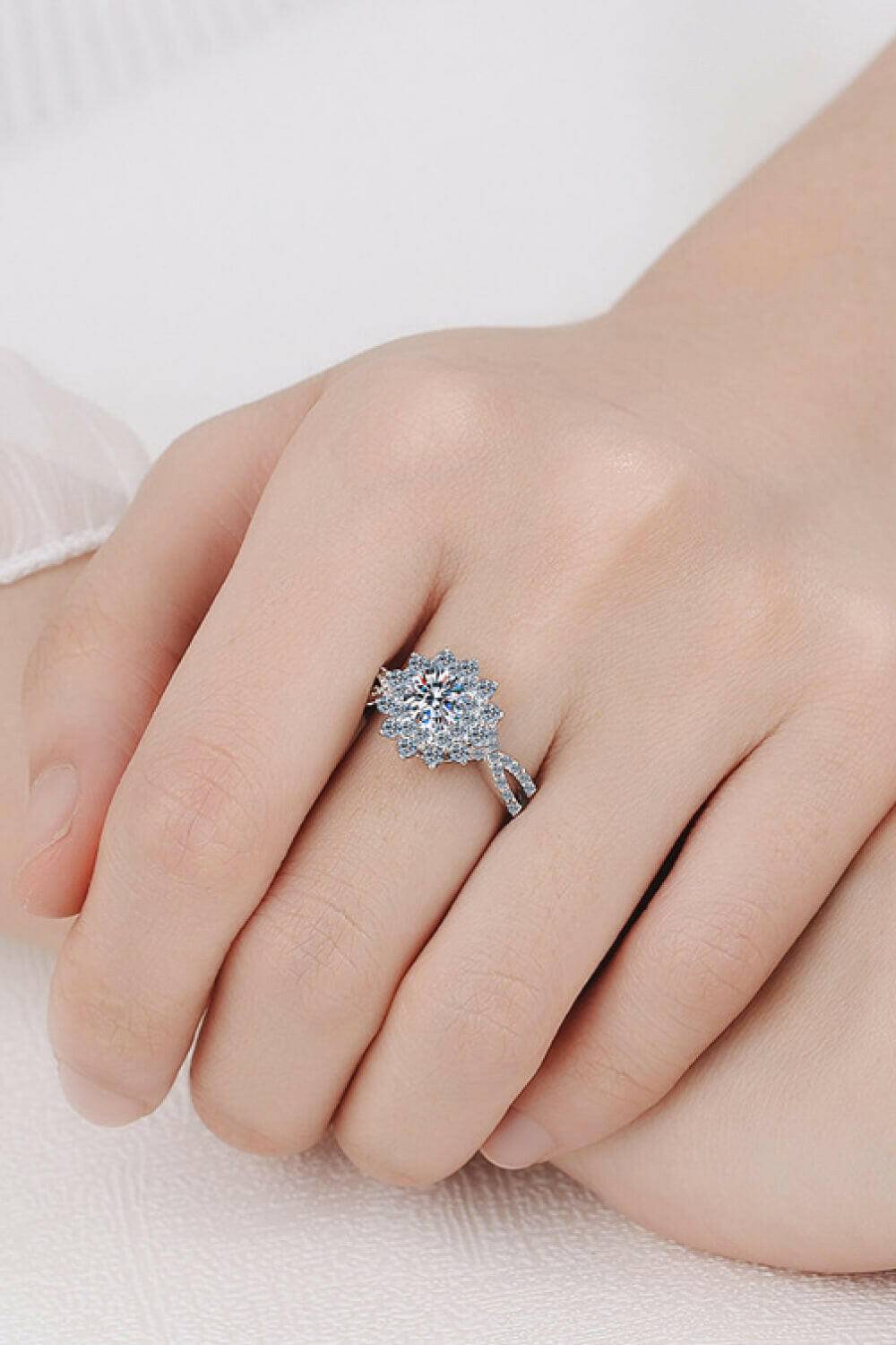 Moissanite Flower-Shape Split Shank Ring.