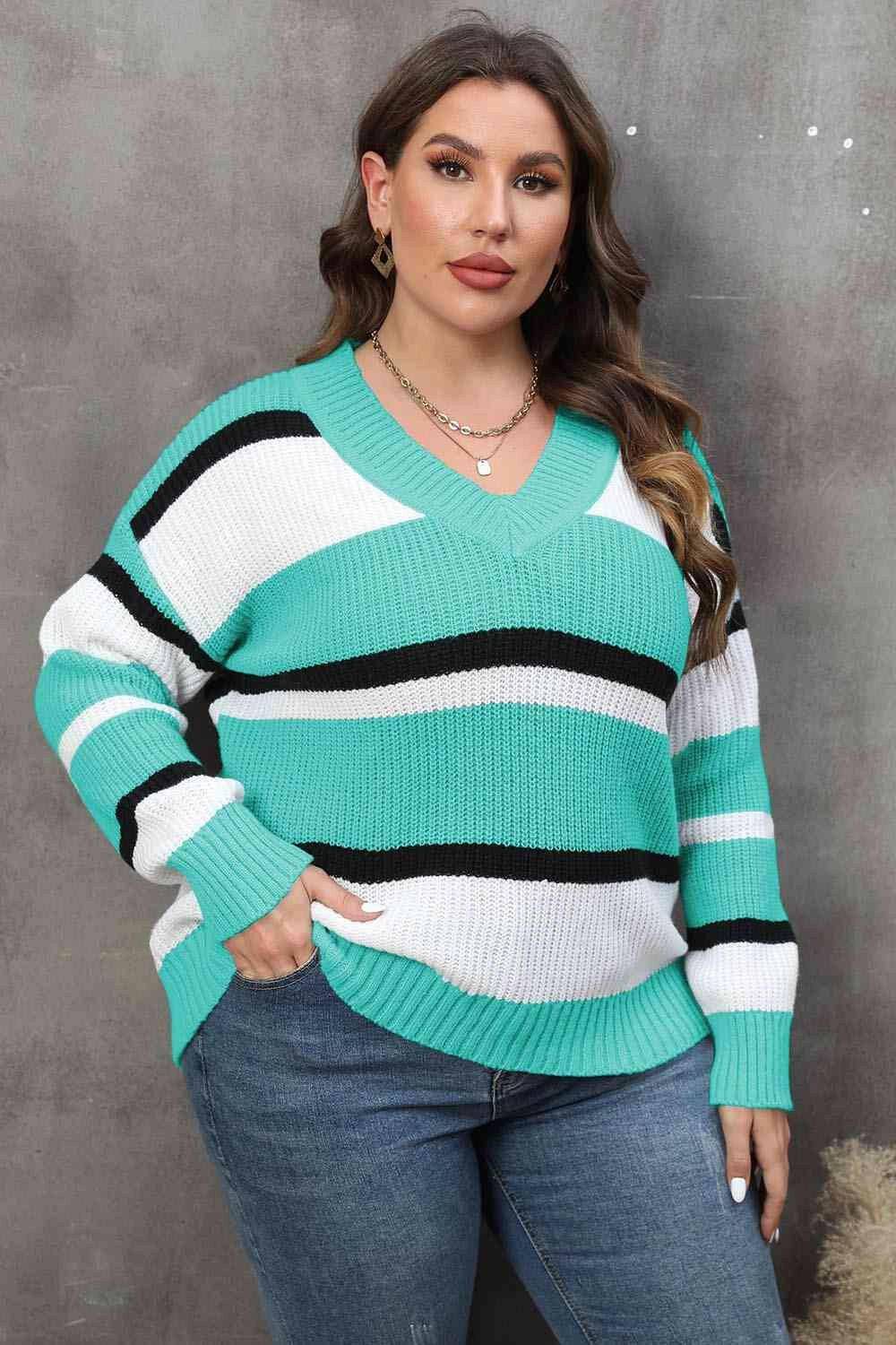 Plus Size Striped V-Neck Dropped Shoulder Sweater - Carri's Cache