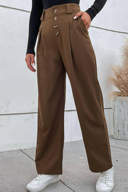 Button-Fly Pleated Waist Wide Leg Pants with Pockets - Carri's Cache