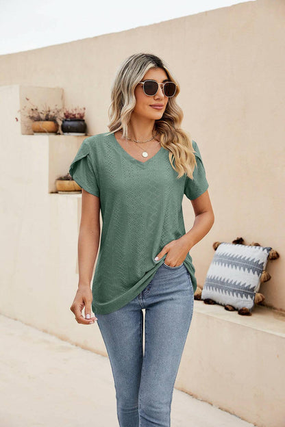 Eyelet Petal Sleeve V-Neck Knit Top.