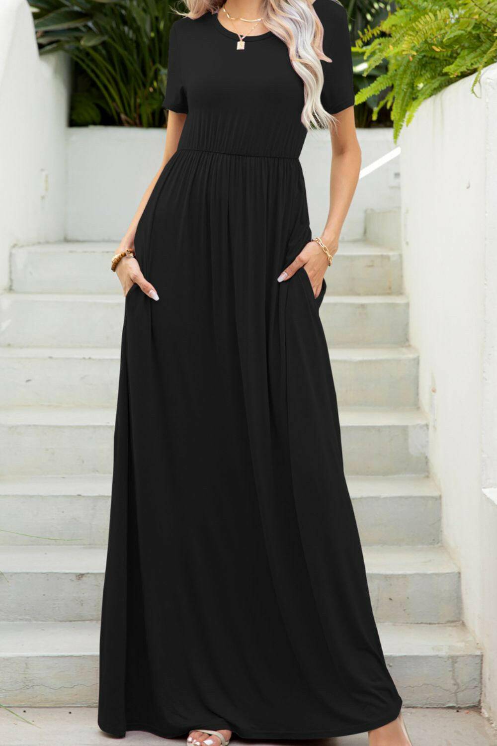 Round Neck Maxi Tee Dress with Pockets.