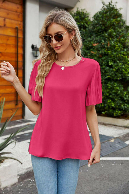 Pleated Flutter Sleeve Round Neck Blouse - Carri's Cache