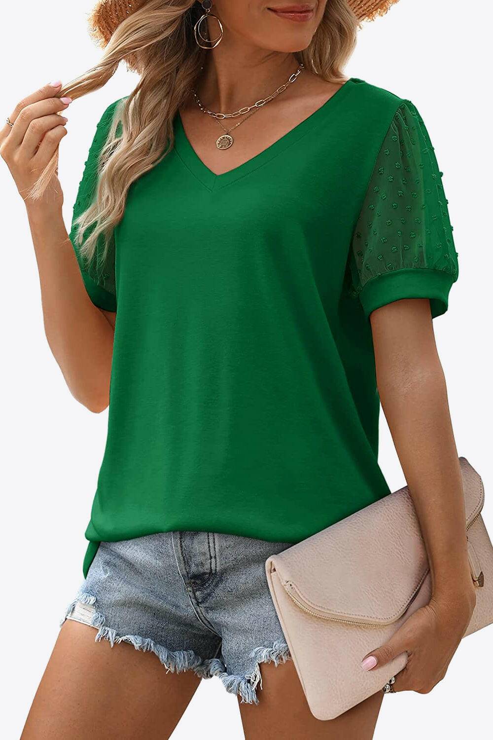 Swiss Dot Puff Sleeve V-Neck Tee - Carri's Cache