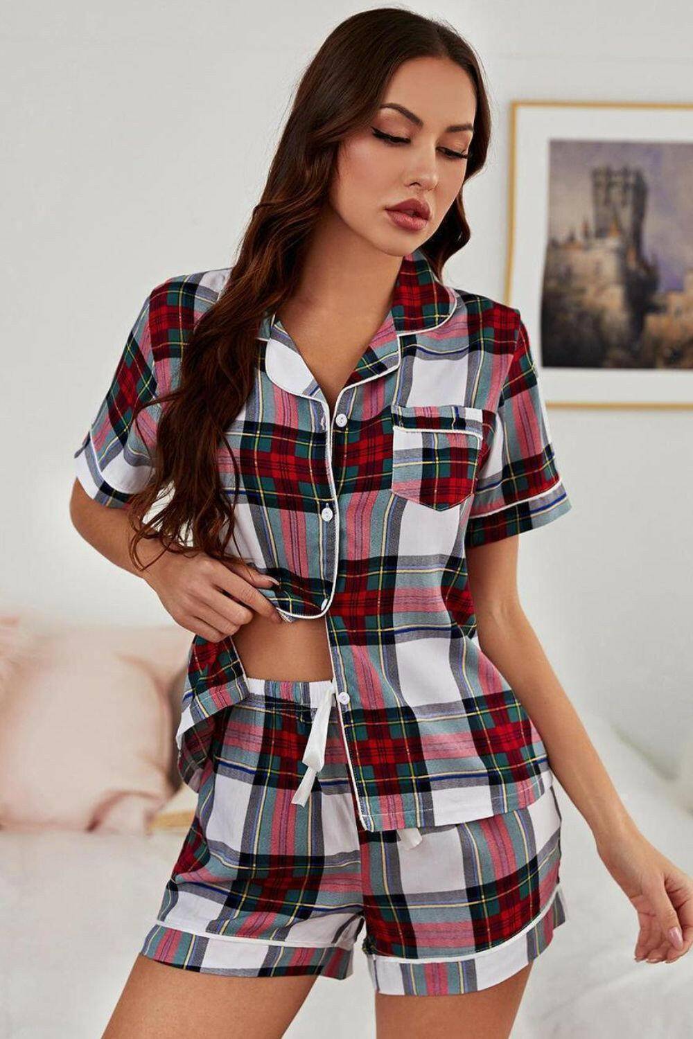 Collared Neck Short Sleeve Tied Two-Piece Lounge Set - Carri's Cache