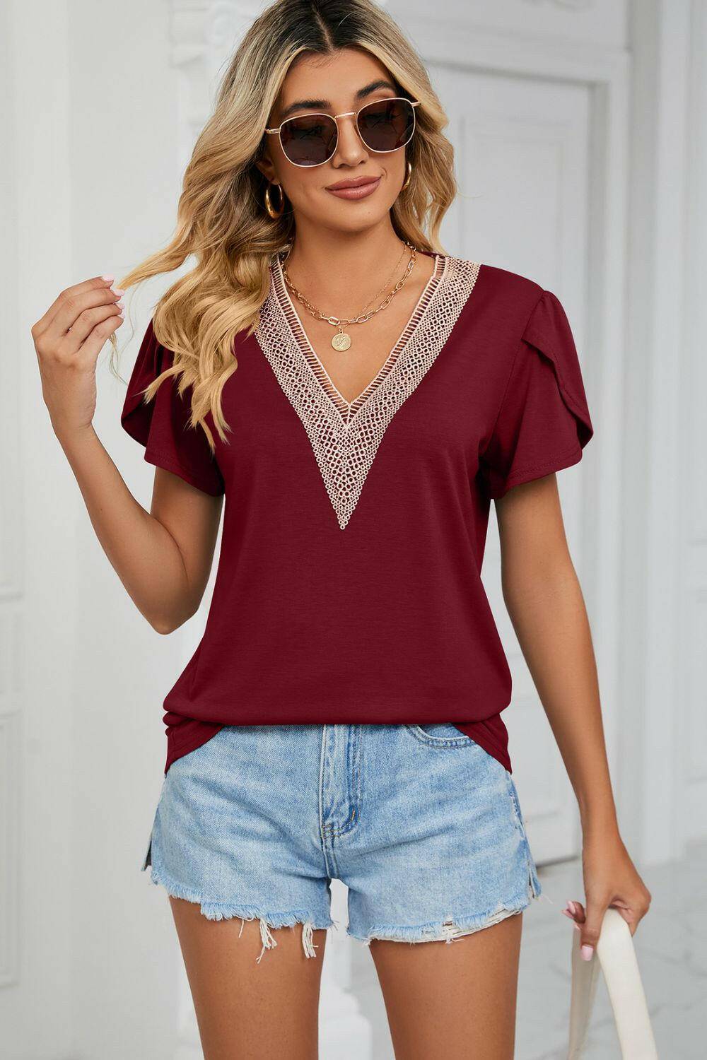 Contrast Trim Petal Sleeve V-Neck Top.