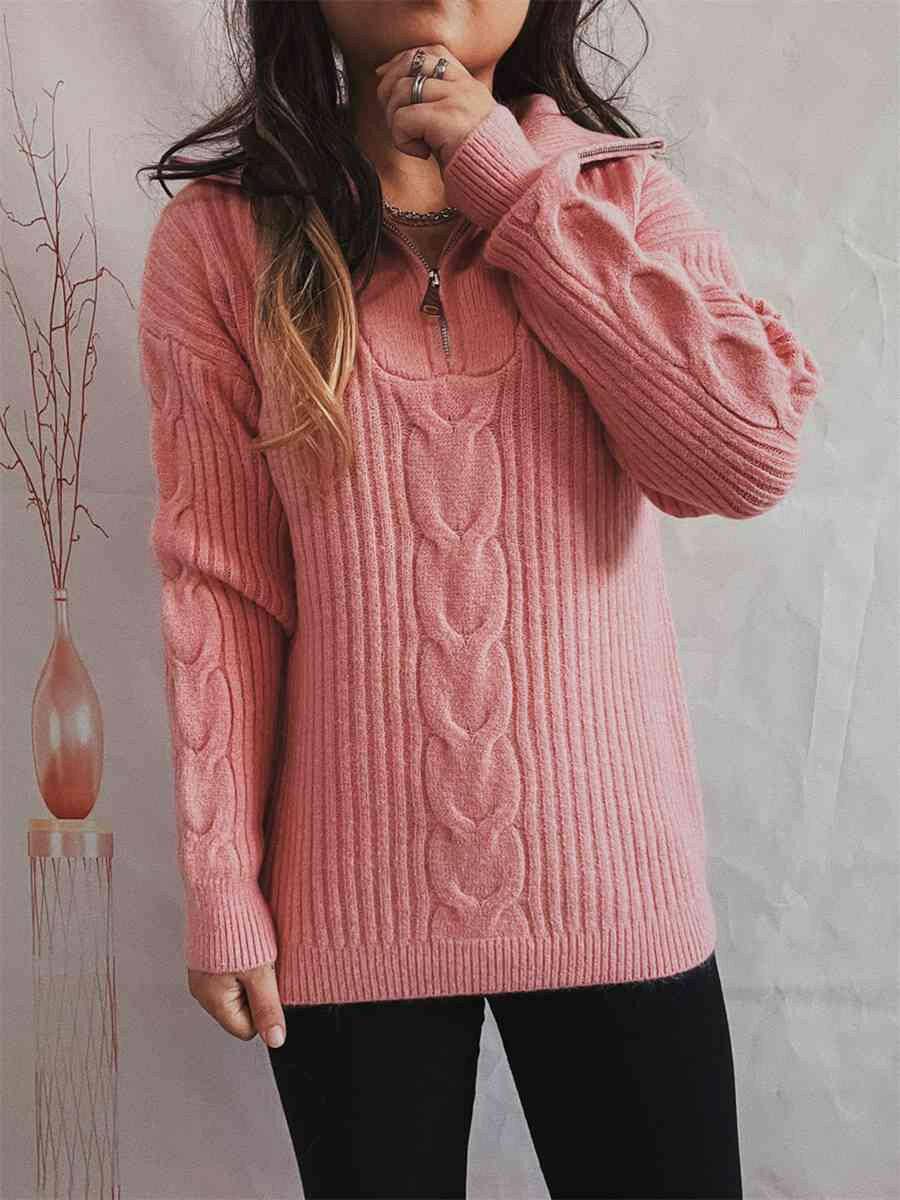 Ribbed Half Zip Long Sleeve Sweater - Carri's Cache