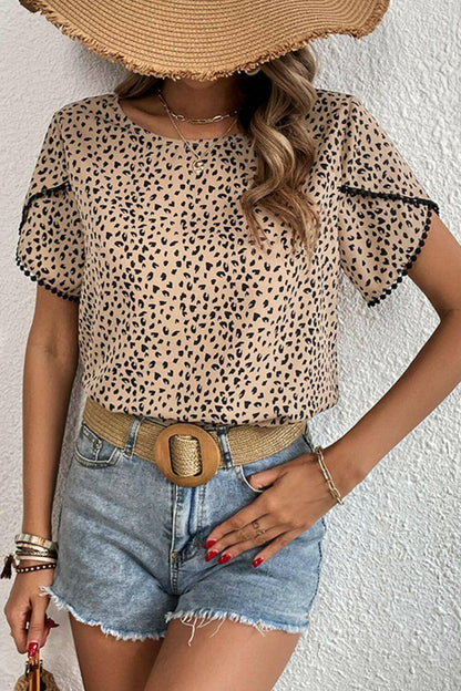 Printed Pom Pom Detail Petal Sleeve Round Neck Blouse.