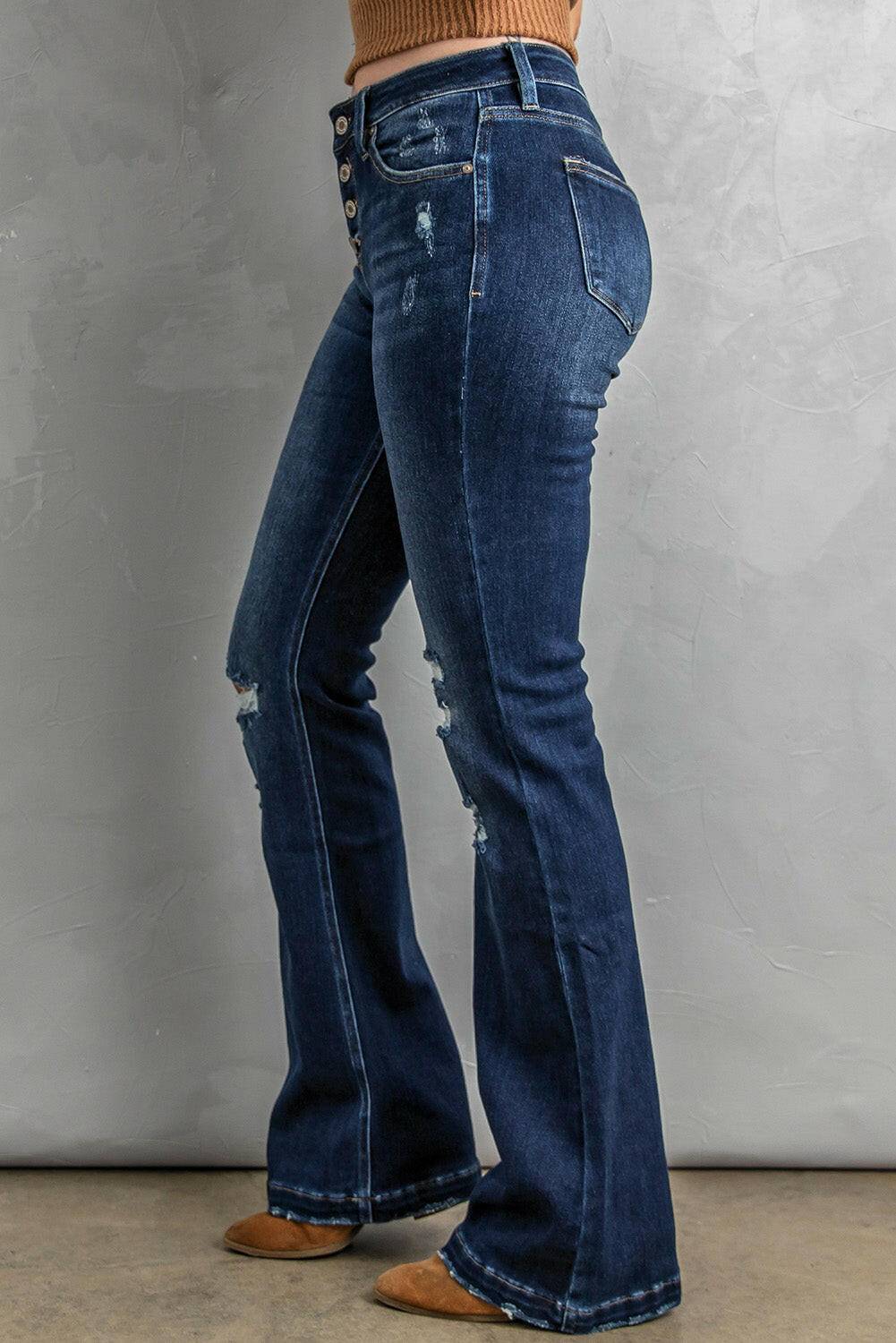 Button Fly Distressed Bootcut Jeans - Carri's Cache