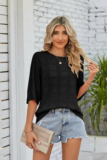 Ribbed Trim Round Neck Knit Top.