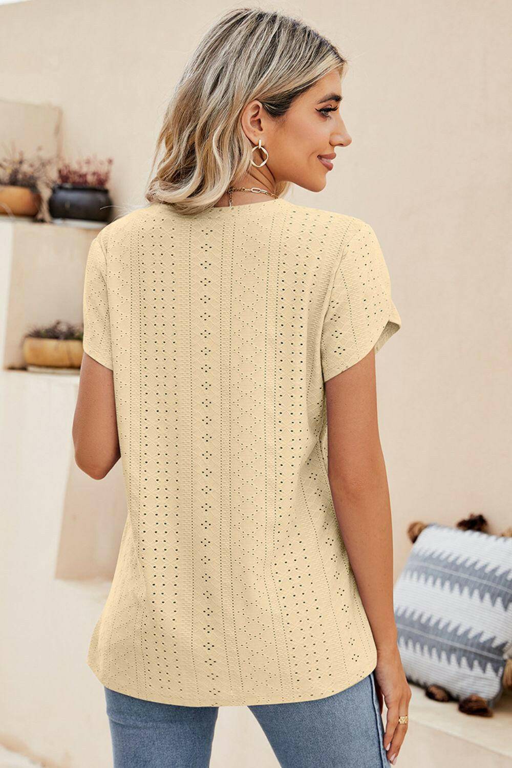 Eyelet Petal Sleeve V-Neck Knit Top.