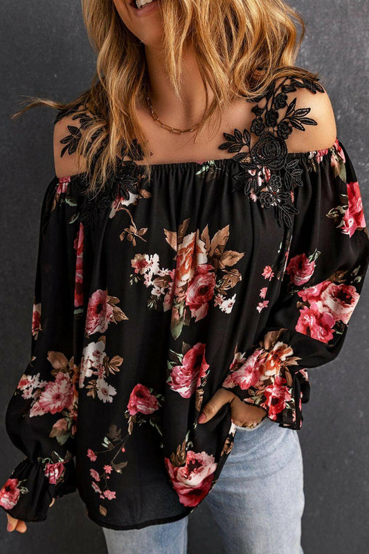 Floral Lace Cold-Shoulder Flounce Sleeve Blouse.