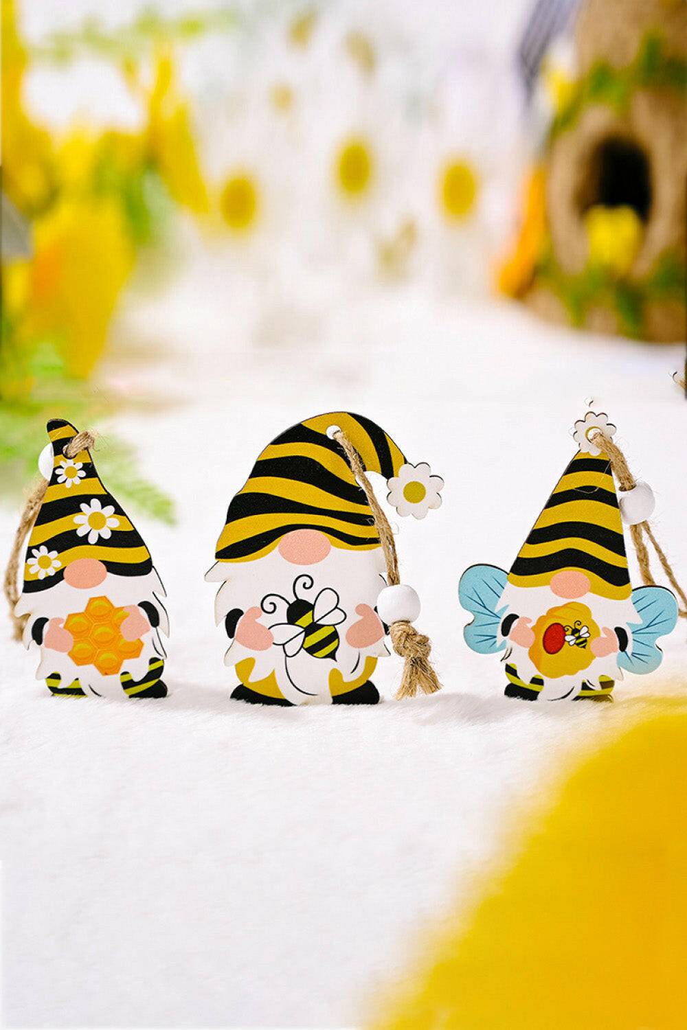 3-Pack Bee Wood Gnome Ornaments.