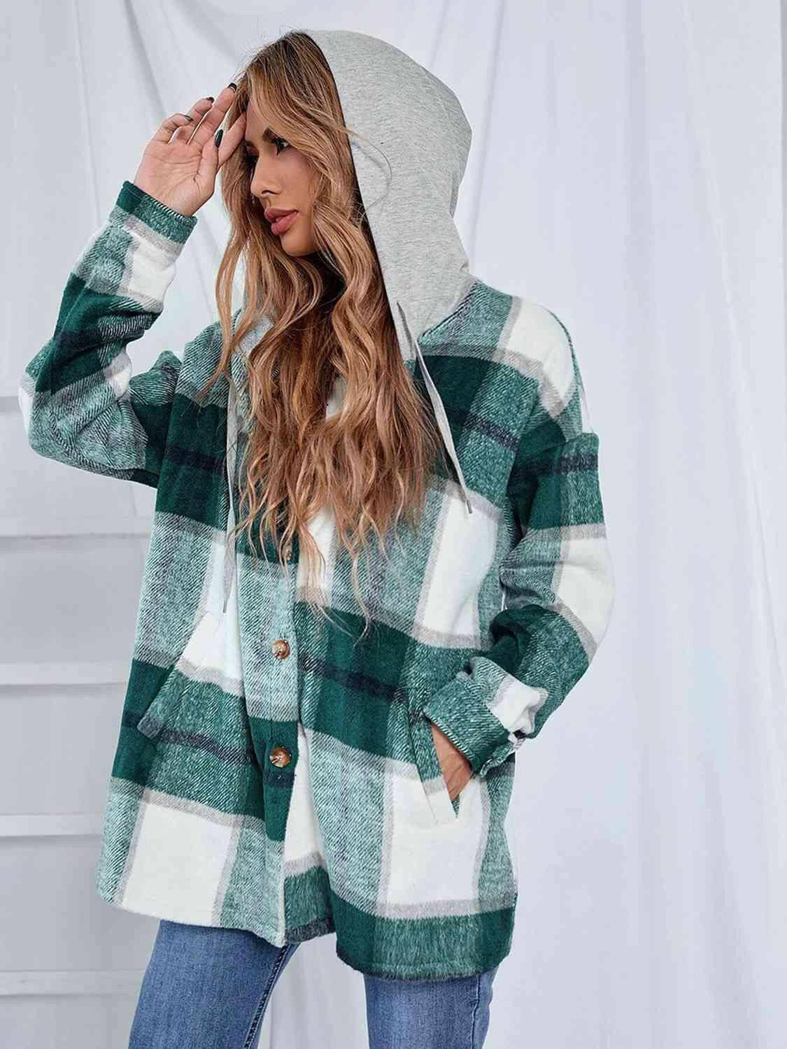 Plaid Hooded Jacket with Pockets - Carri's Cache