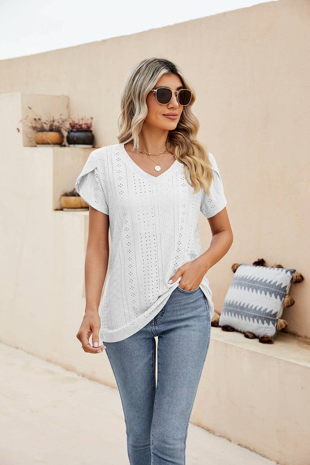 Eyelet Petal Sleeve V-Neck Knit Top.