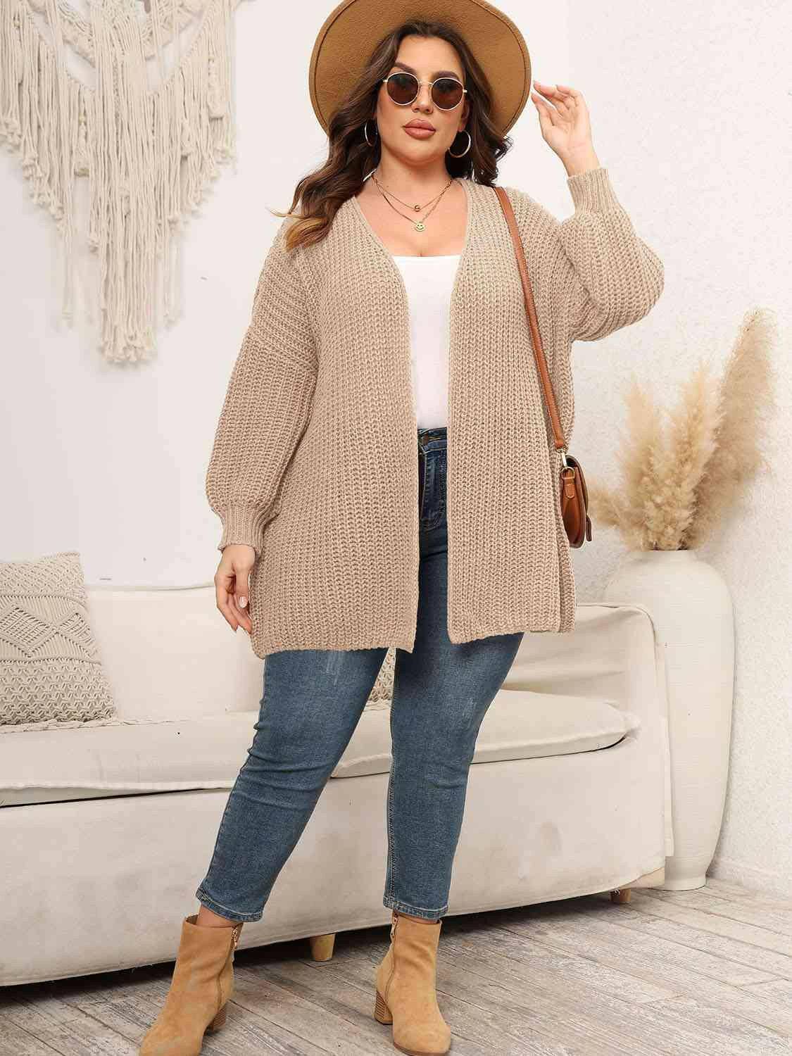 Plus Size Open Front Dropped Shoulder Knit Cardigan - Carri's Cache