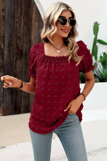 Swiss Dot Puff Sleeve Square Neck Blouse.