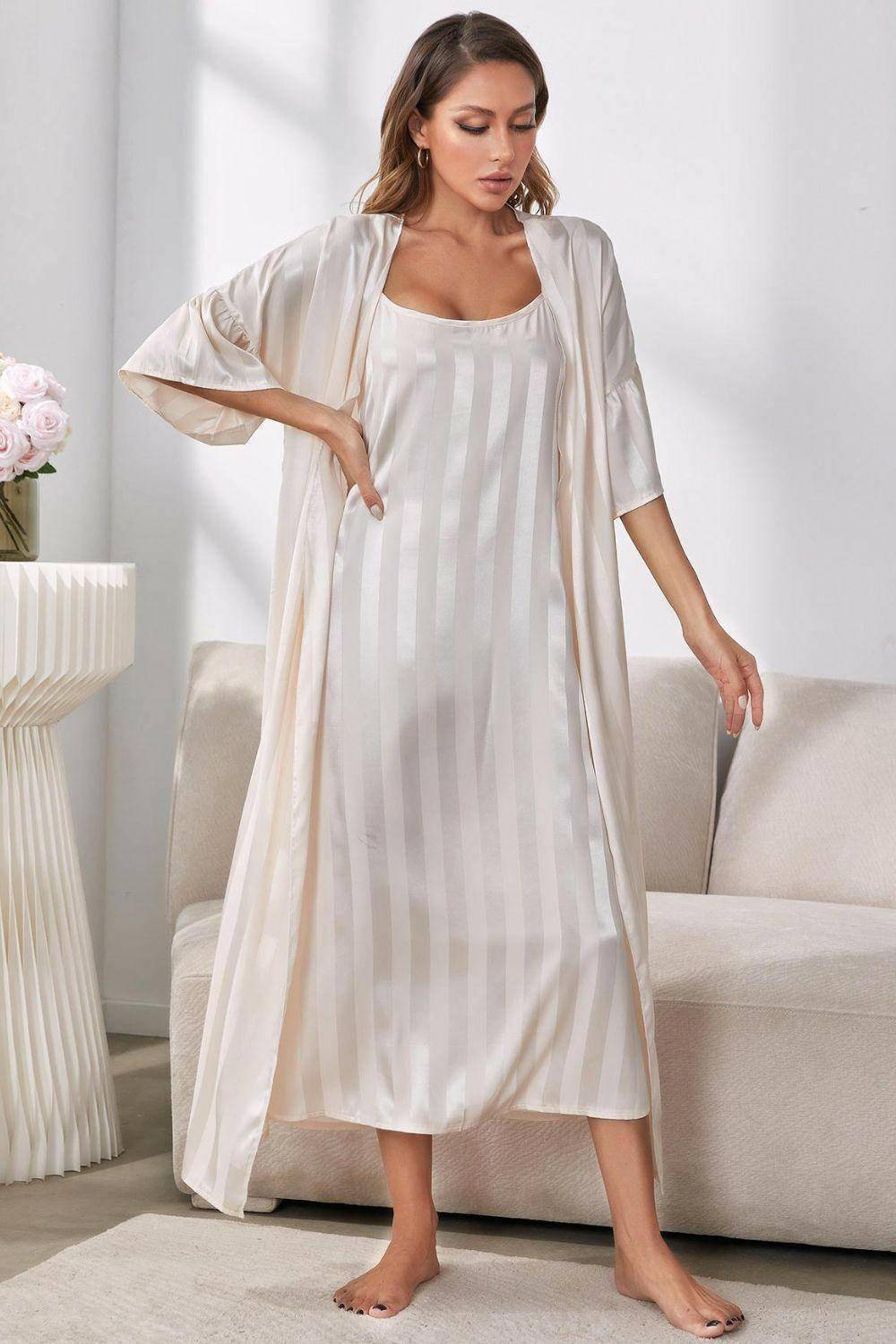 Striped Flounce Sleeve Open Front Robe and Cami Dress Set - Carri's Cache