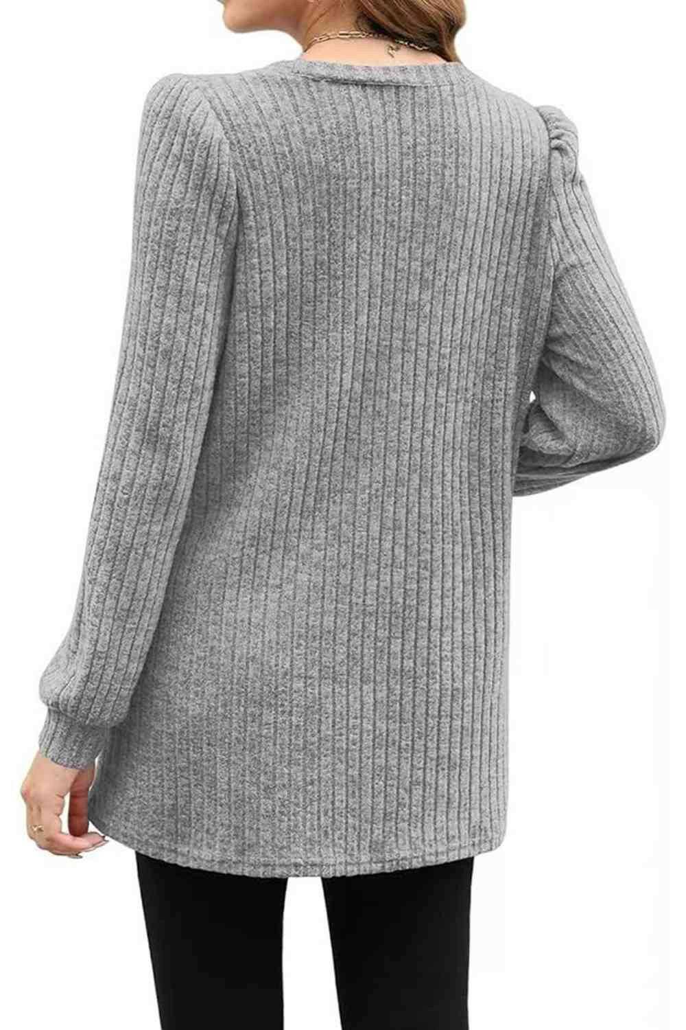 Ribbed Round Neck Long Sleeve T-Shirt - Carri's Cache