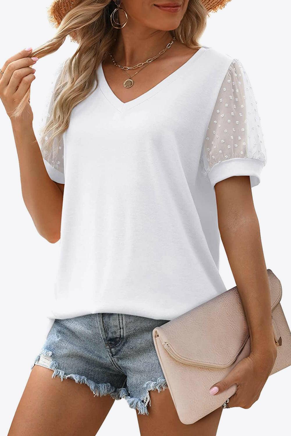 Swiss Dot Puff Sleeve V-Neck Tee - Carri's Cache