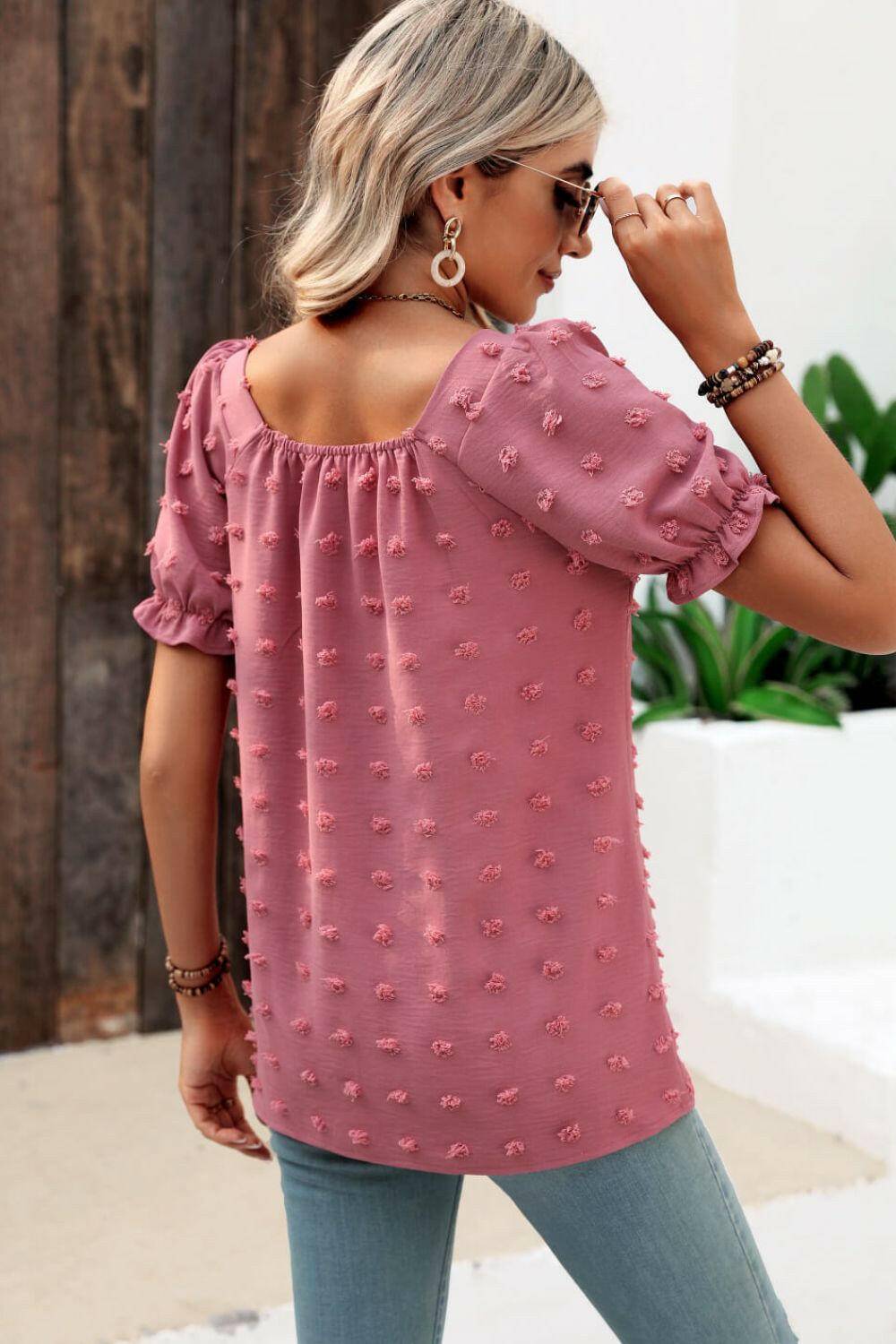 Swiss Dot Puff Sleeve Square Neck Blouse.