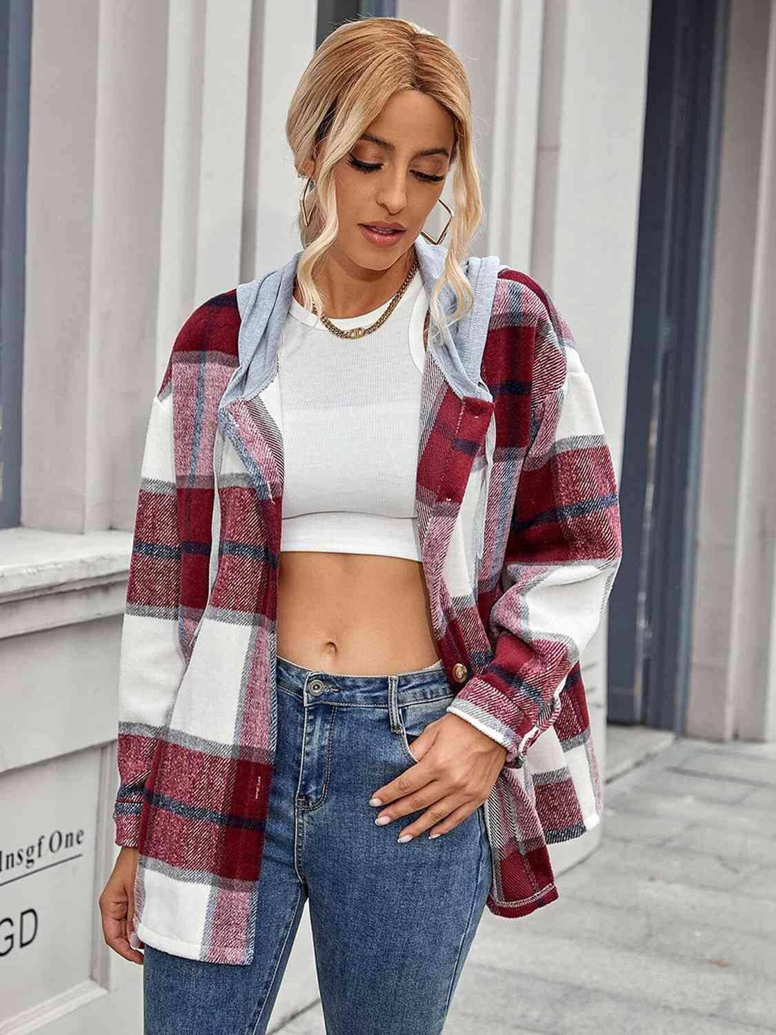 Plaid Hooded Jacket with Pockets - Carri's Cache