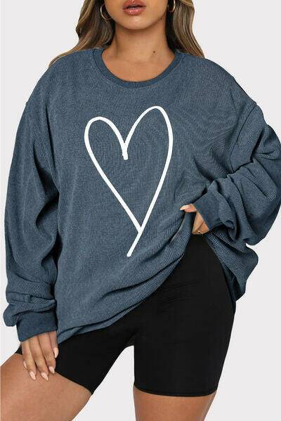 Plus Size Heart Ribbed Round Neck Sweatshirt - Carri's Cache