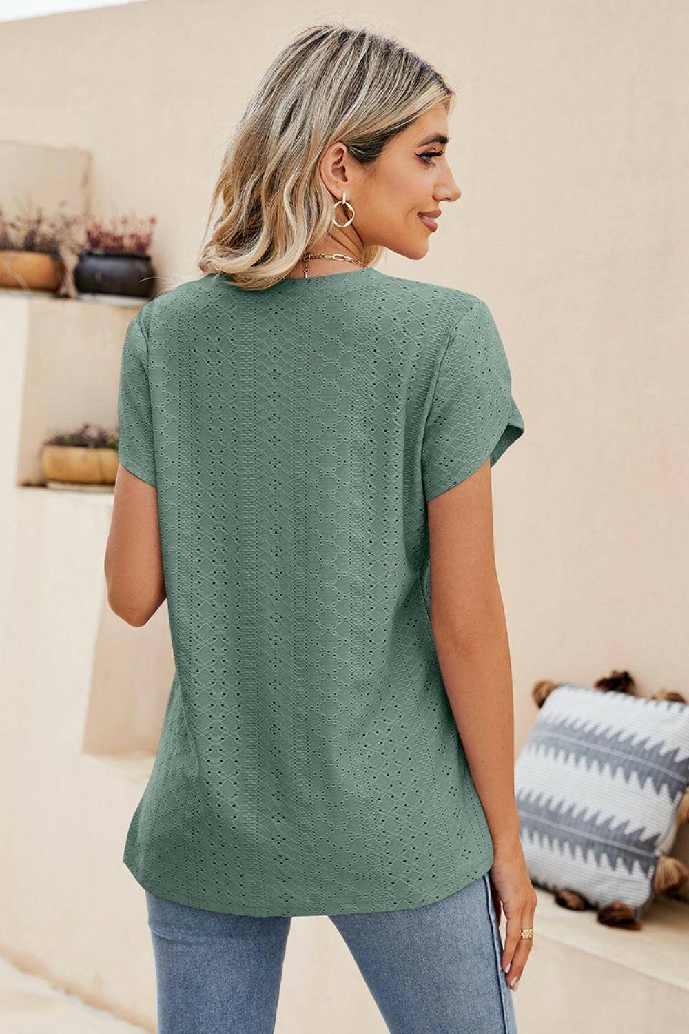 Eyelet Petal Sleeve V-Neck Knit Top.