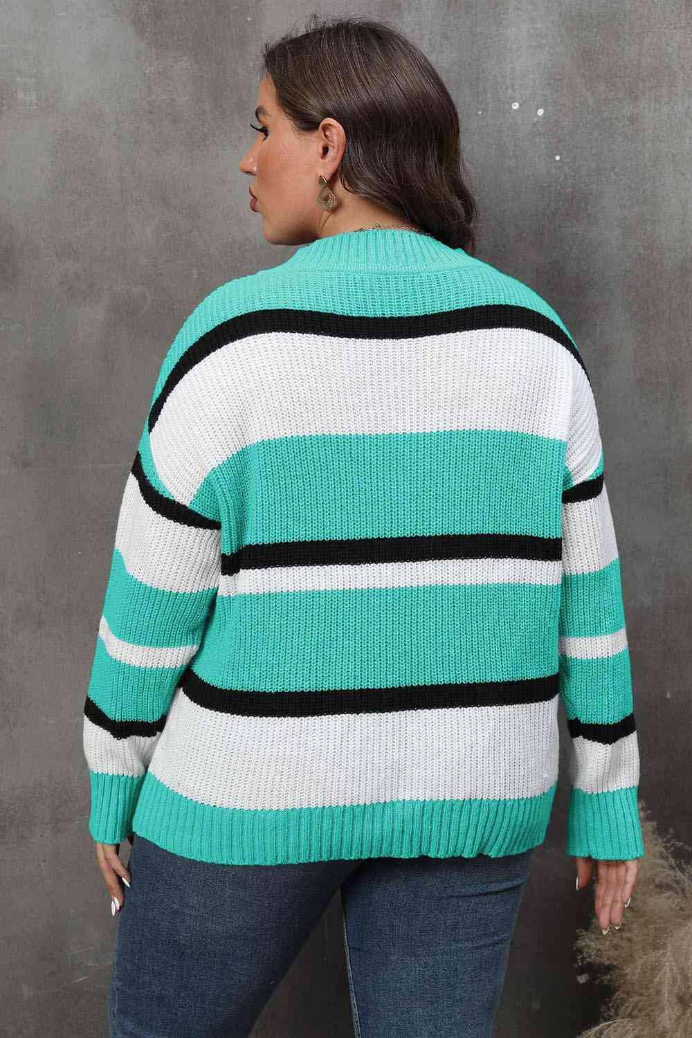 Plus Size Striped V-Neck Dropped Shoulder Sweater - Carri's Cache