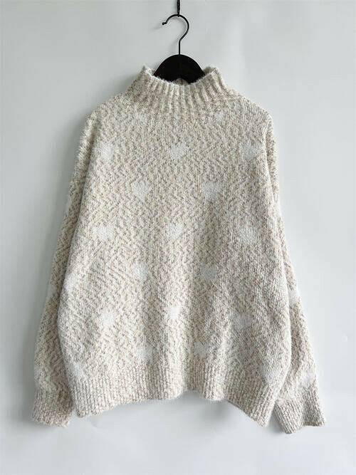 Heart Heathered Turtleneck Drop Shoulder Sweater - Carri's Cache