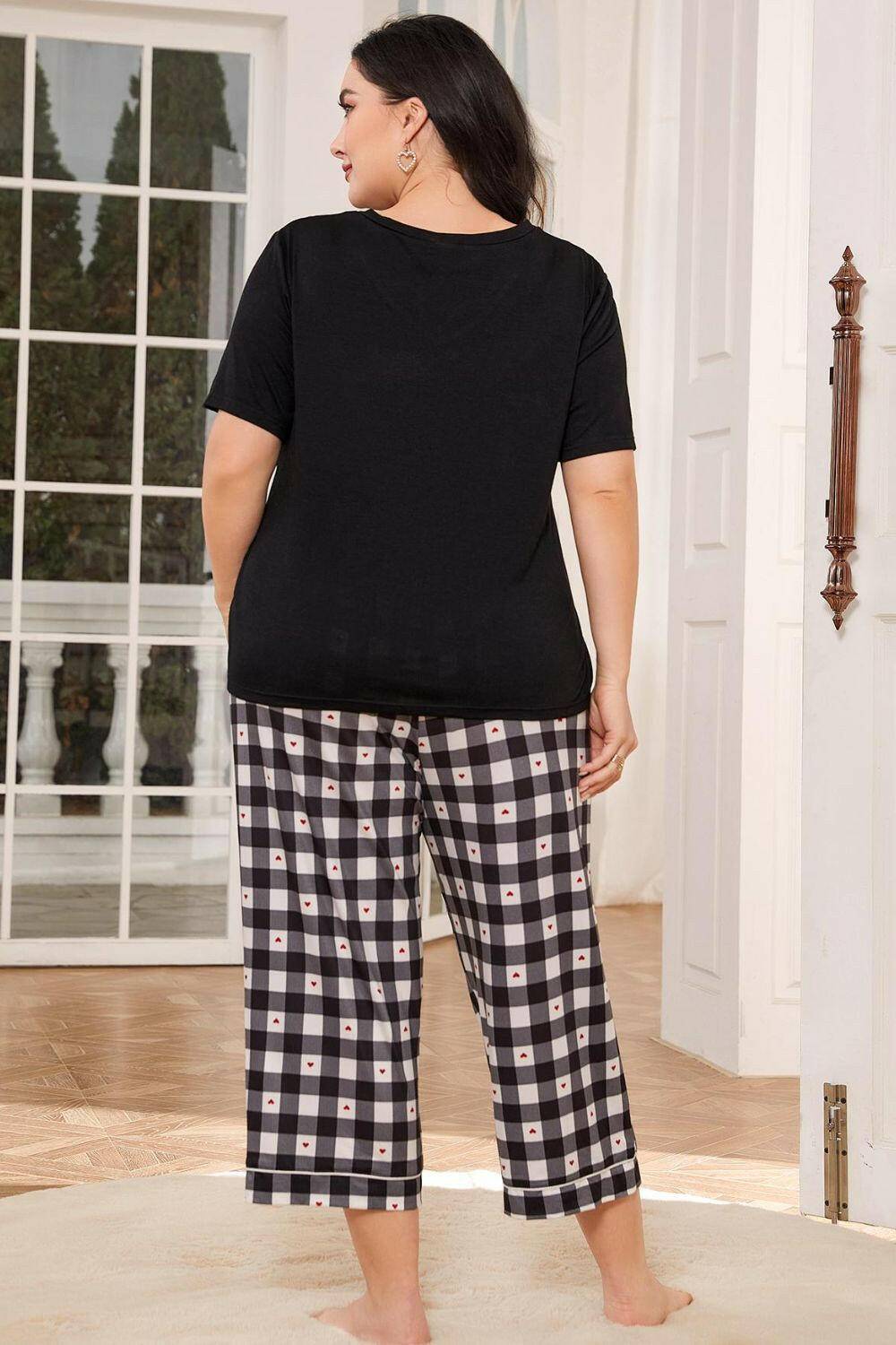 V-Neck Tee and Plaid Cropped Pants Lounge Set - Carri's Cache