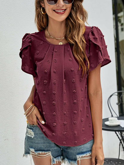 Swiss Dot Round Neck Petal Sleeve Top.