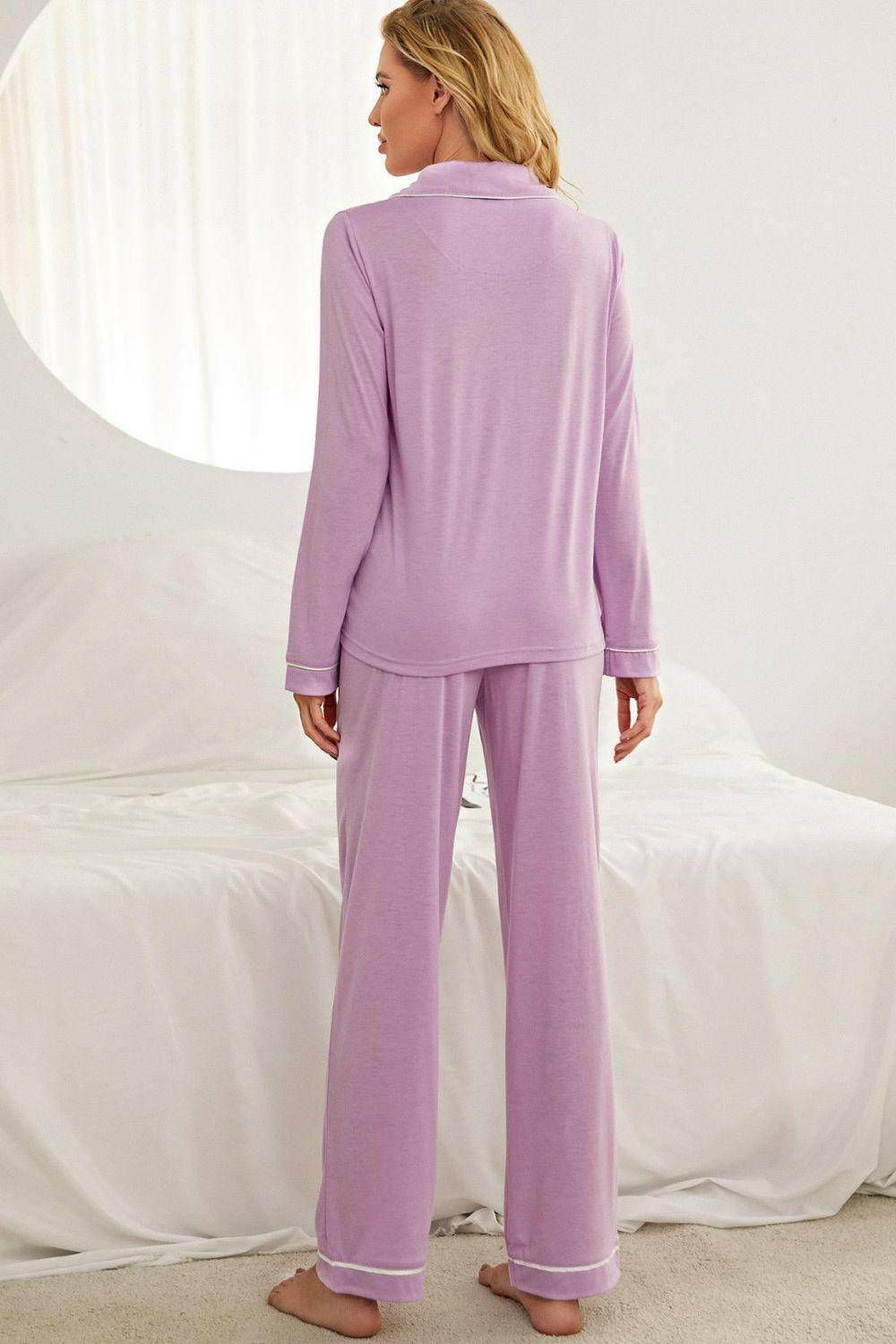 Contrast Piping Button Down Top and Pants Loungewear Set - Carri's Cache