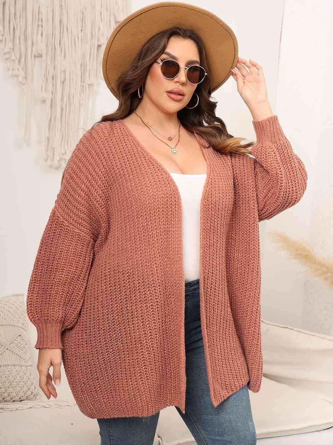 Plus Size Open Front Dropped Shoulder Knit Cardigan - Carri's Cache