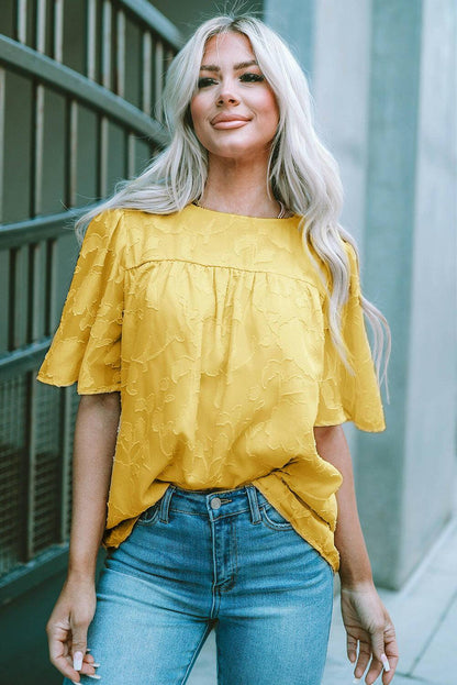 Round Neck Puff Sleeve Blouse - Carri's Cache