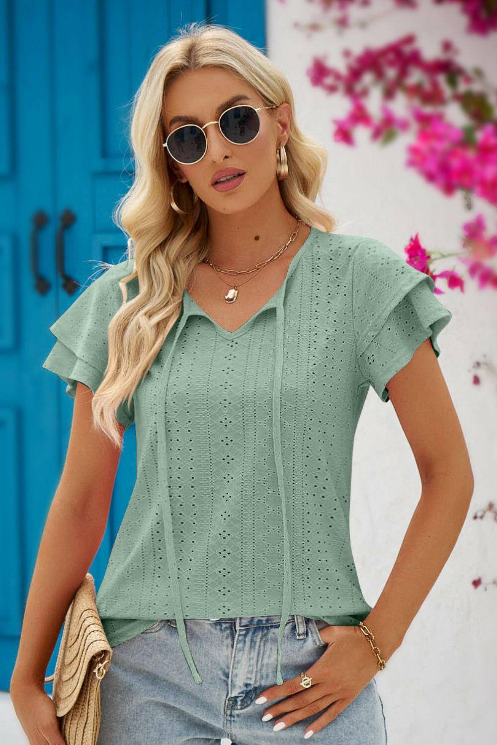 Eyelet Tie-Neck Flutter Sleeve Blouse.