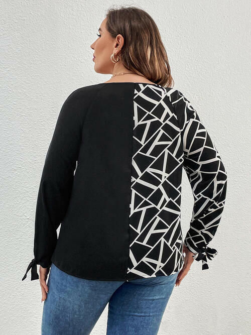 Plus Size Geometric V-Neck Long Sleeve T-Shirt - Carri's Cache