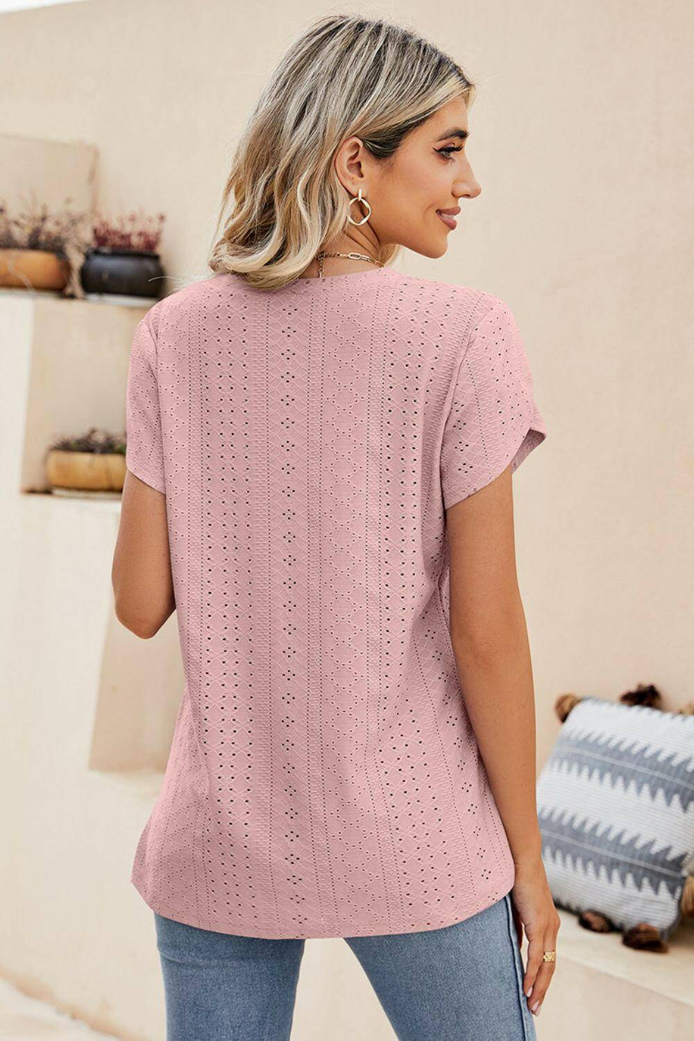 Eyelet Petal Sleeve V-Neck Knit Top.