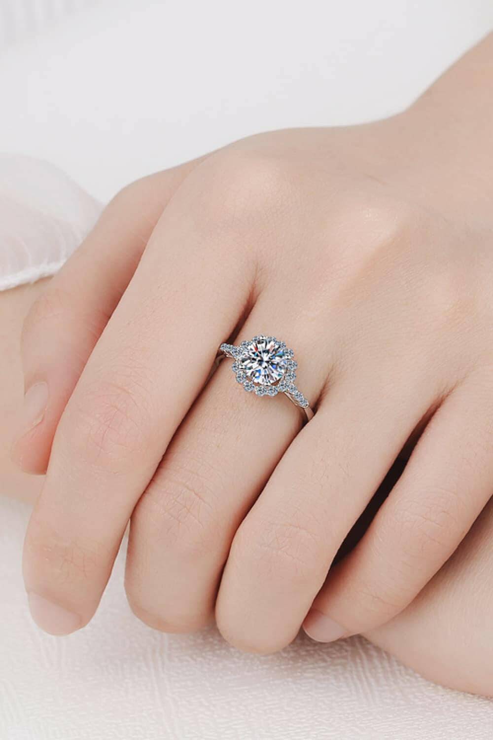 1 Carat Moissanite Rhodium-Plated Halo Ring.