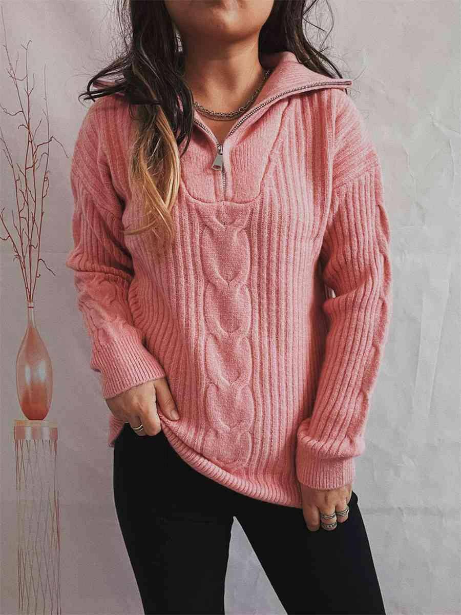 Ribbed Half Zip Long Sleeve Sweater - Carri's Cache