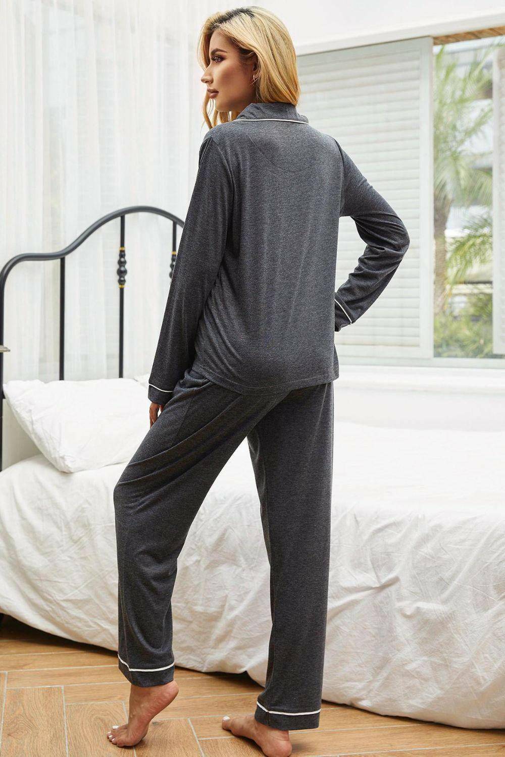 Contrast Piping Button Down Top and Pants Loungewear Set - Carri's Cache