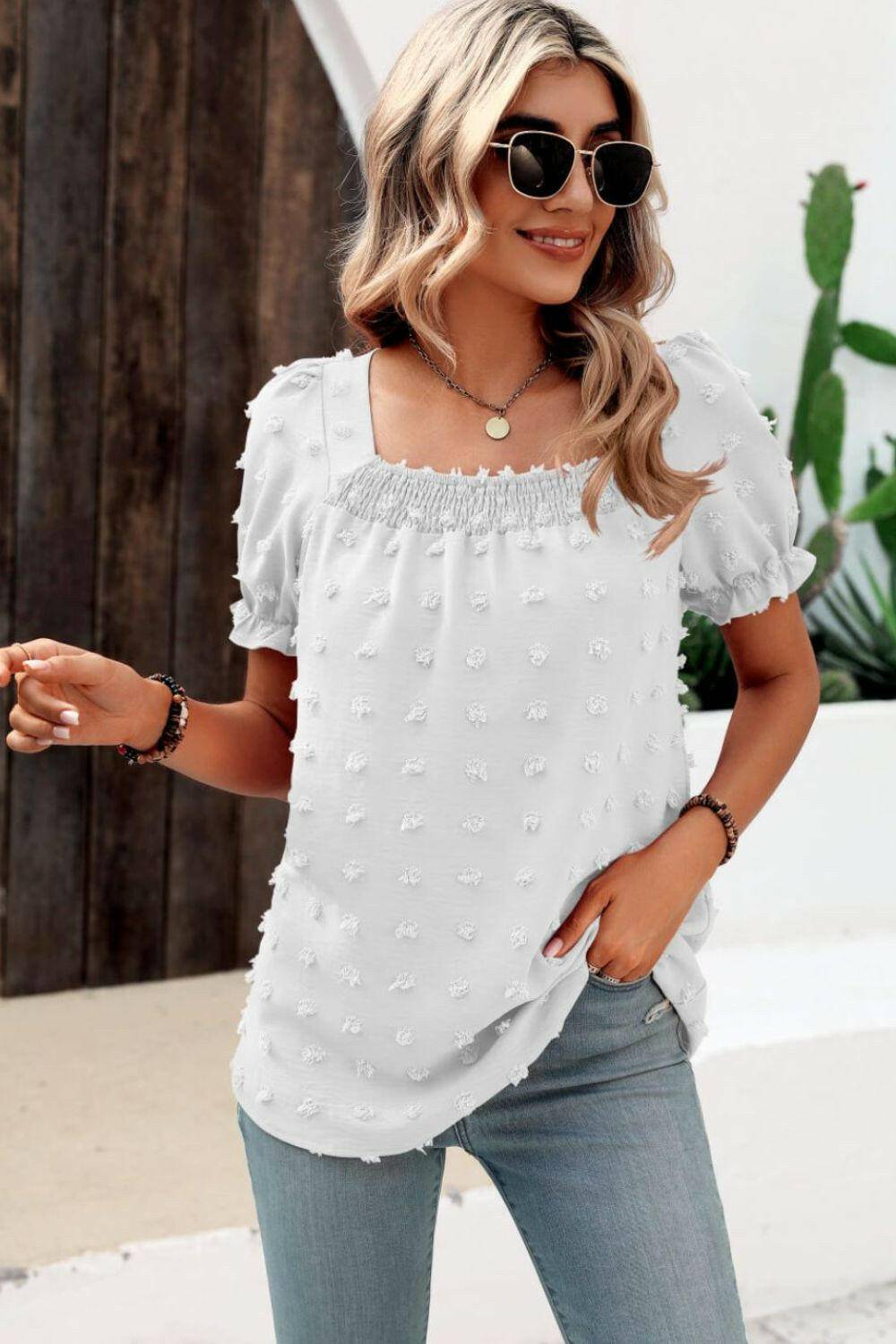 Swiss Dot Puff Sleeve Square Neck Blouse.