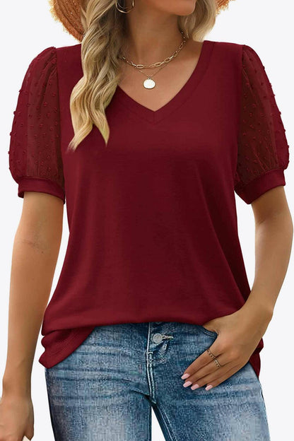 Swiss Dot Puff Sleeve V-Neck Tee - Carri's Cache