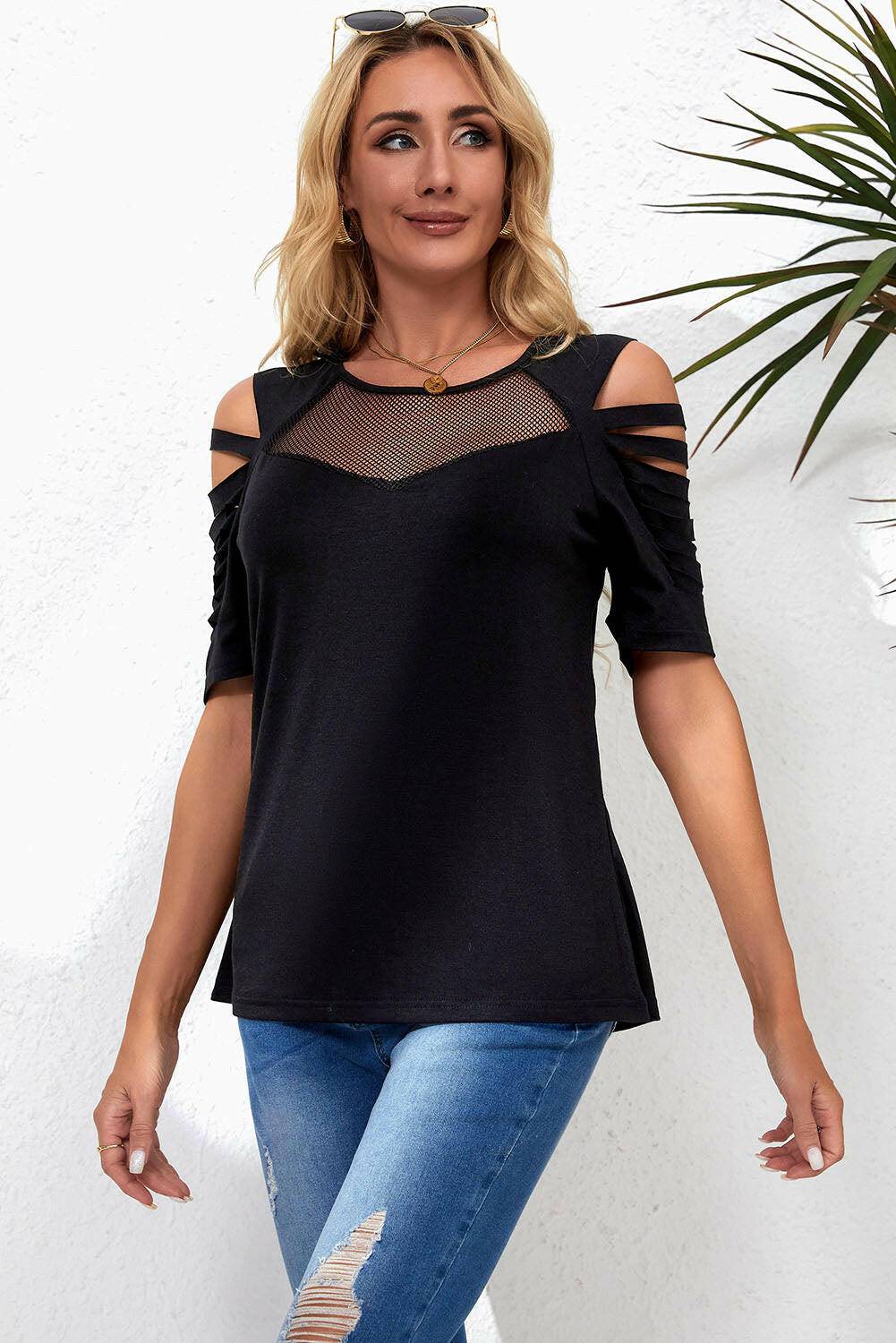 Round Neck Cutout Raglan Sleeve Tee - Carri's Cache