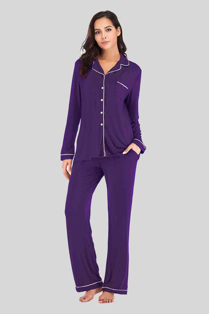 Collared Neck Long Sleeve Loungewear Set with Pockets - Carri's Cache