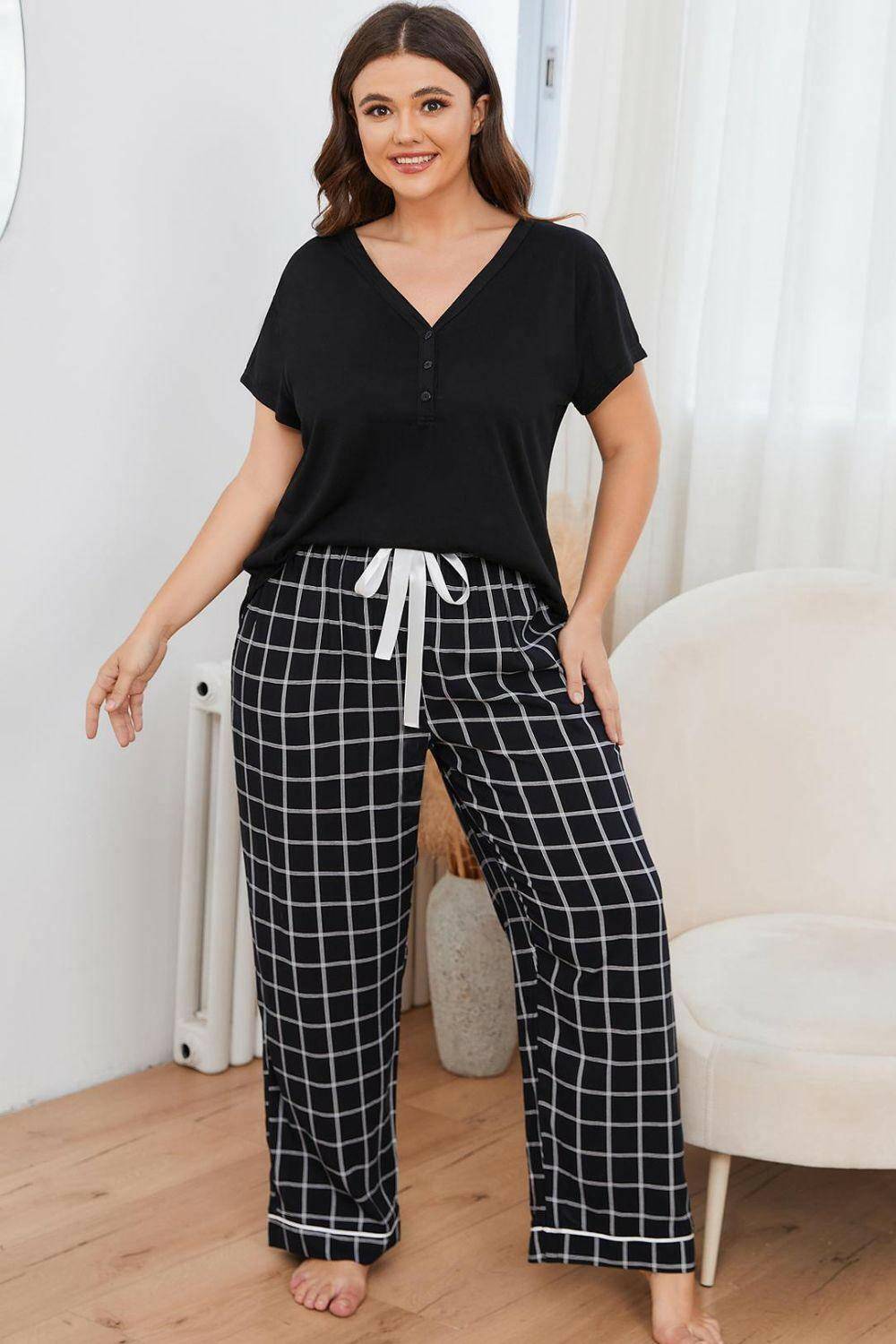 Plus Size V-Neck Top and Plaid Pants Lounge Set - Carri's Cache