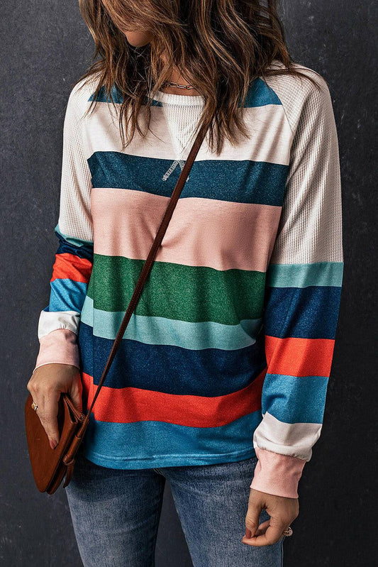 Striped Raglan Sleeve Round Neck Tee.