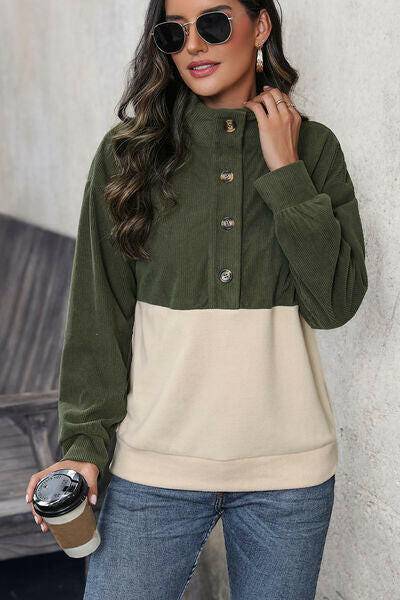 Ribbed Color Block Half Button Sweatshirt - Carri's Cache