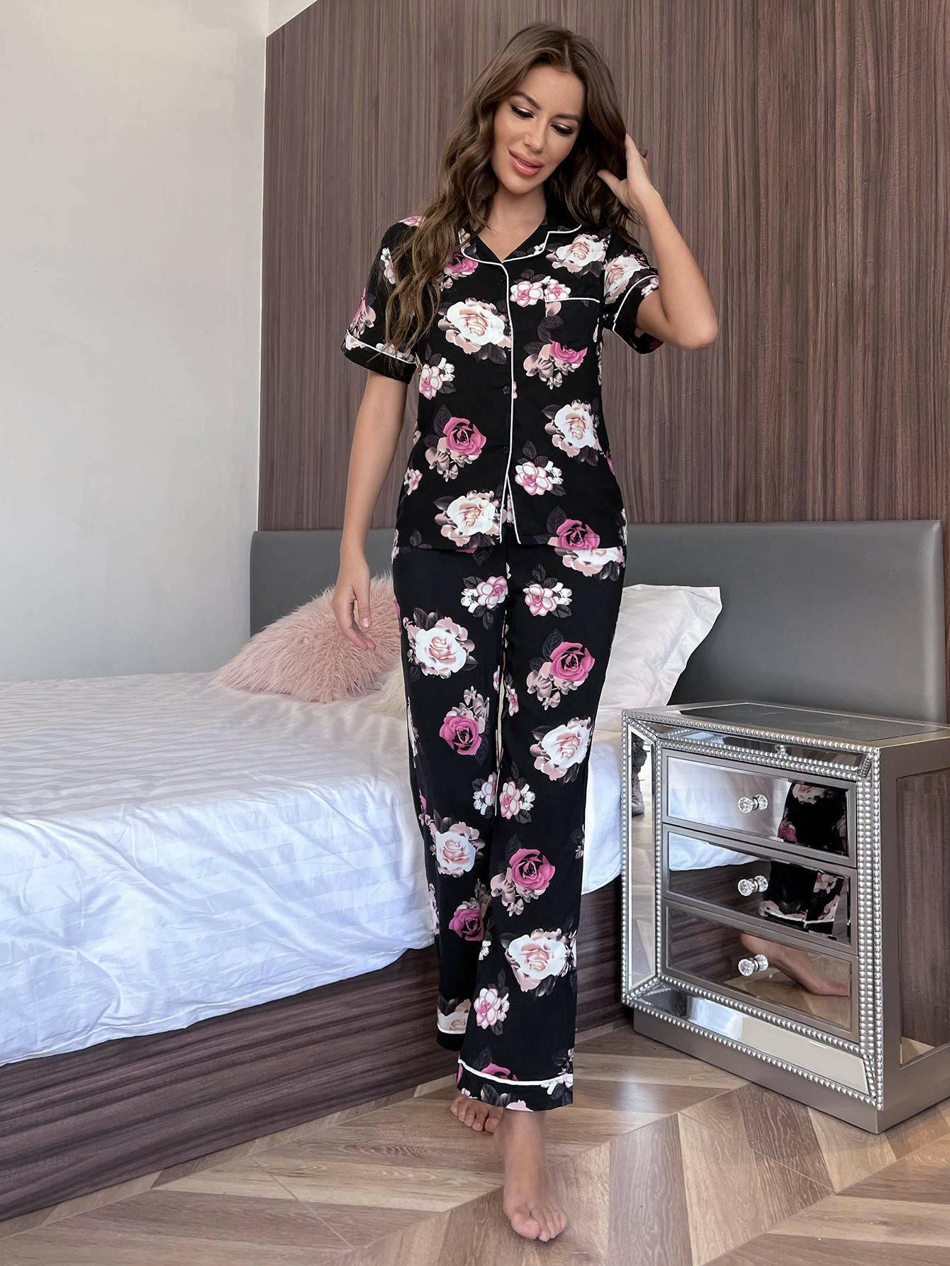 Floral Short Sleeve Shirt and Pants Lounge Set - Carri's Cache