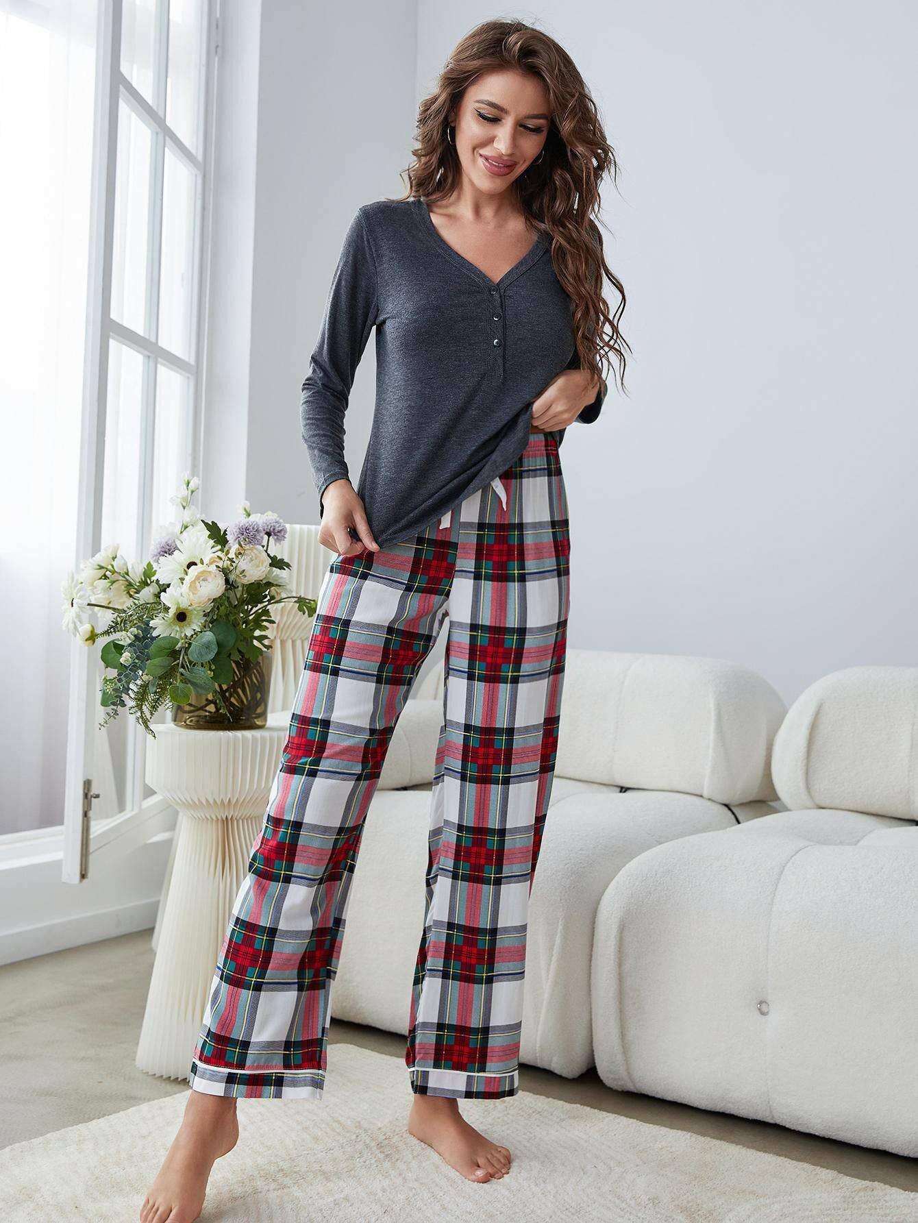 Buttoned Long Sleeve Top and Plaid Pants Lounge Set - Carri's Cache