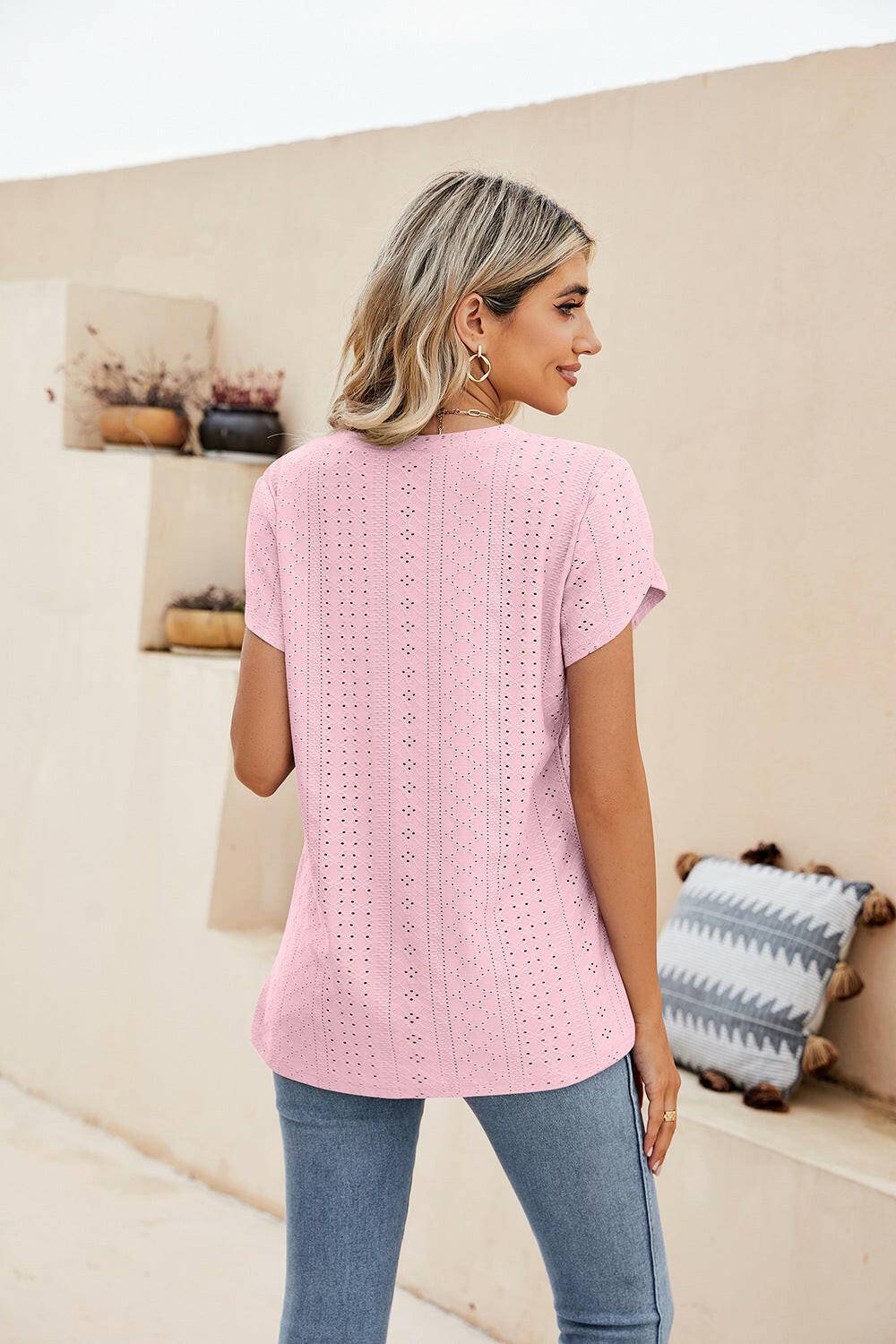 Eyelet Petal Sleeve V-Neck Knit Top.